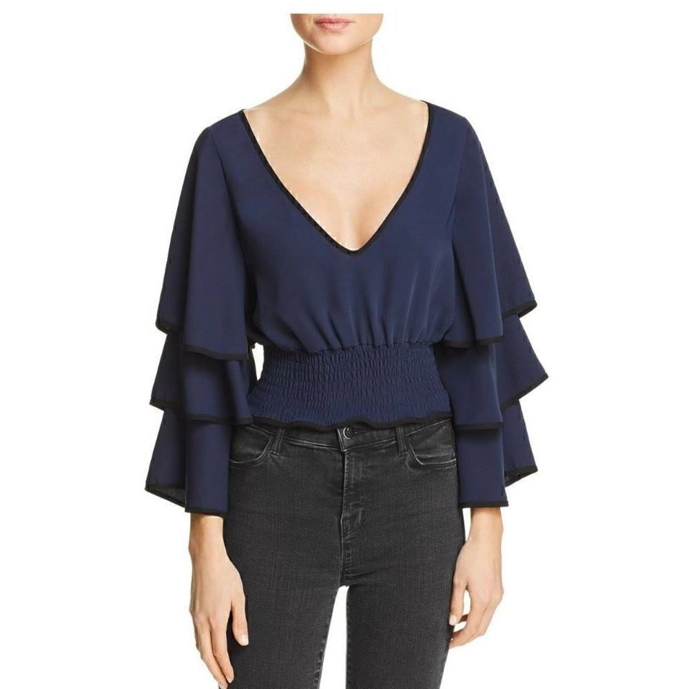 NWT Likely Sloane Top Navy Blue Size XS Tiered Sleeve Cropped